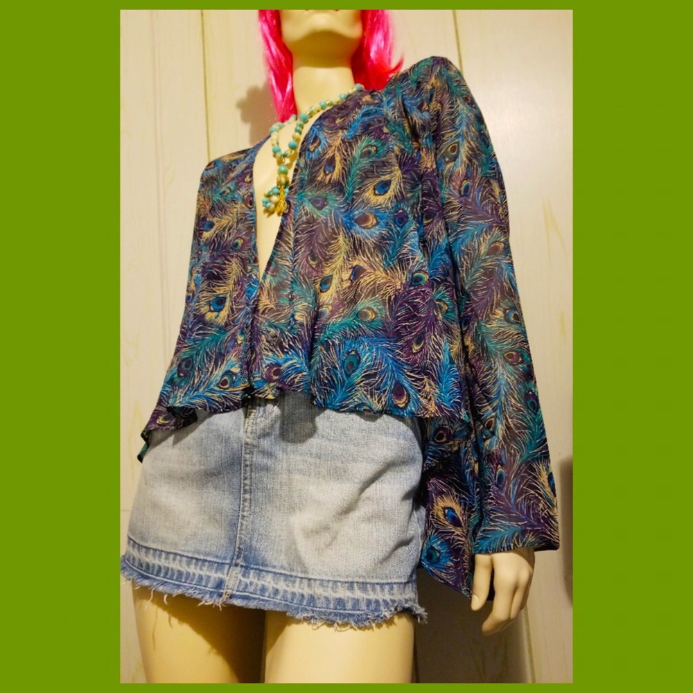 Bohemian Chic Sheer Chiffon Peacock Print Shawl O/S